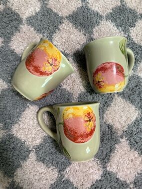 APRIL CORNELL Silvestri Apple Peach Fruit Mugs Set 3 Dishwasher Microwave Safe